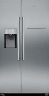 A front view of a stainless steel refrigerator with a water and ice dispenser on the left door.