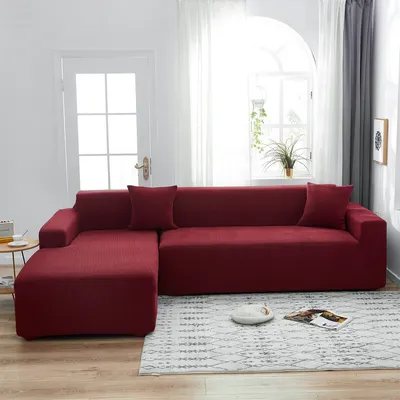 Produktbild von (Weinrot) Stretch-Polyester-Elasthan-Sofa-Schonbezug, moderne minimalistische L-förmige Sofabezüge, Möbelschutz-Couchbezüge