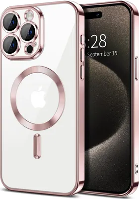 Immagine prodotto di Custodia magnetica trasparente per iPhone 15 Pro Max, compatibile con MagSafe, custodia protettiva galvanica con protezione della fotocamera Rosa