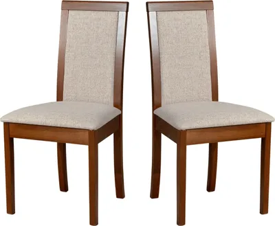Two dining chairs are shown against a white background.