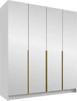 A white wardrobe with four doors and gold handles, shown from a slight angle against a white background.