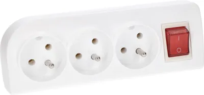 A white power strip with three European-style outlets and a red on/off switch, photographed against a white background.