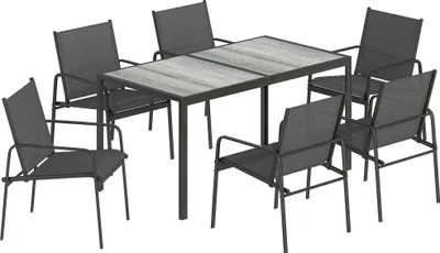 Produktbild von Gartenmöbel Set Sitzgruppe 150 x 80cm Tisch mit 6 Atmungsaktiven Stühlen Holzoptik Stahlrahmen Schwarz