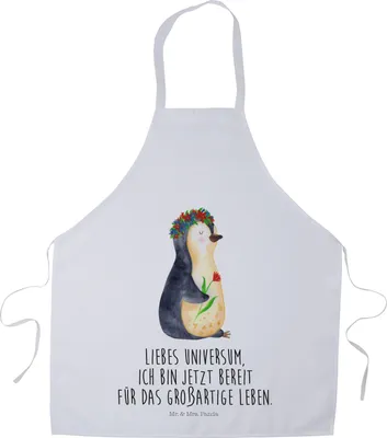Produktbild von Mr. & Mrs. Panda Kochschürze Pinguin Blumen - Weiß - Geschenk, Leben, Küchenzubehör, Blumenkranz, Kochkleidung, Positiv, Schürze, Grillschürze, Pinguine, Barista