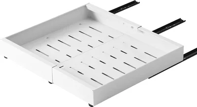 A white pull-out drawer with a slatted design rests on black drawer slides.