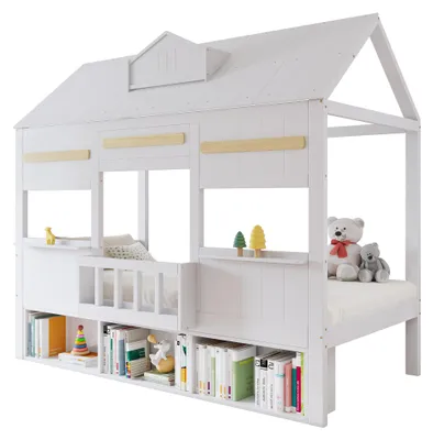 Produktbild von Hausbett mit Bücherregal, Dach, Lattenrost, Rausfallschutz, 90x200 cm, Kinderbett, Massivholzbett, Kiefer