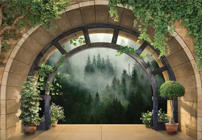 Produktbild von Vlies Fototapete 3D EFFEKT Wald Nebel (368x254cm - 4 Bahnen) Fenster Ausblick Natur inklusive Kleister Wohnzimmer Schlafzimmer Wandtapete Tapete Latexdruck UV-Beständig Montagefertig