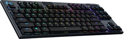 A black Logitech G915 TKL mechanical gaming keyboard with RGB lighting.