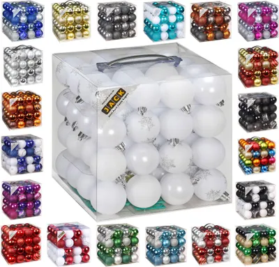 Produktbild von 64x Kunststoff Christbaumkugeln Ø 6cm Kugel Box Glanz Glitzer Matt + Aufhänger Weiß