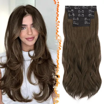 Productafbeelding van Haarverlenging, clip-in, 50 cm, vol, bruin, set van 5, synthetisch haar
