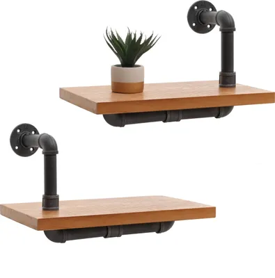 Produktbild von 2er-Set Wandregal HWC-N29, Hängeregal Regal Bücherregal, 3D-Struktur Industrial Stahl Massiv-Holz 29x45x25cm natur
