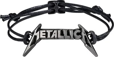 A black cord bracelet with a Metallica logo charm.