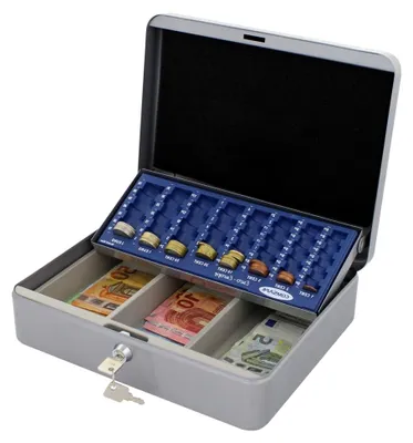 Produktbild von Geldzählkassette Wien, Silber, mit EURO-Münzzählbrett, Banknotenfach und Zylinderschloss, 90x300x240 mm