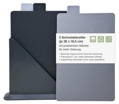 Produktbild von Schneidebrett-Set (3-teilig) – Hygienische Schneidebretter mit Ständer (28 x 18,5 cm) – Spülmaschinenfest & BPA-frei