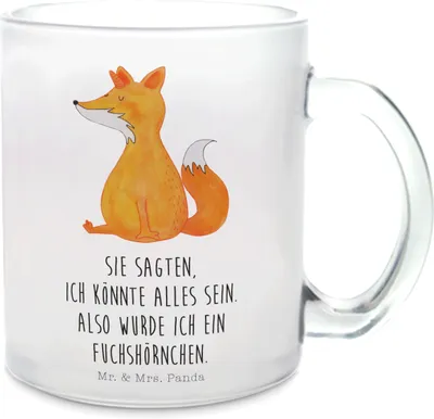 Produktbild von Mr. & Mrs. Panda Henkelbecher Einhorn Fuchs - Transparent - Geschenk, Unicorn, Haferl, Teetasse aus Glas, Einhörner, Unicorns, Pott, Tee Tasse, Fuchshörnchen, Füchse