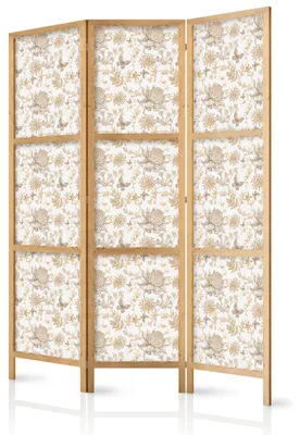 Immagine prodotto di Pannello divisorio giapponese, 3 ante, pieghevole, realizzato in tessuto non tessuto di alta qualità, beige, con motivo floreale, ideale per il soggiorno, dimensioni 135 cm x 172 cm