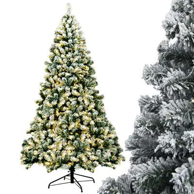 A flocked artificial Christmas tree with warm white LED lights and a metal stand, presented against a white background.