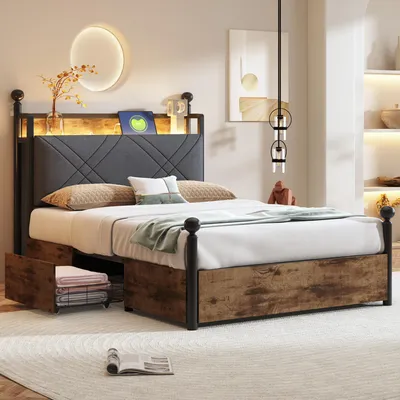 Obrázek produktu pro okwish Kovová postel 90×190 Dětská postel s úložným prostorem a dvěma zásuvkami, Kovová postel s kovanou baldachýnovou konstrukcí a LED osvětlením, rám postele s nabíjecími porty, bez matrace, Černá