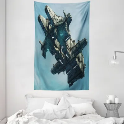 Produktbild von ABAKUHAUS Fantasie Wandteppich und Tagesdecke, Sci Fi Alien Schiff UFO aus Weiches Mikrofaser Stoff Waschbar ohne Verblassen Digitaldruck, 140 x 230 cm, Blassblau Grau