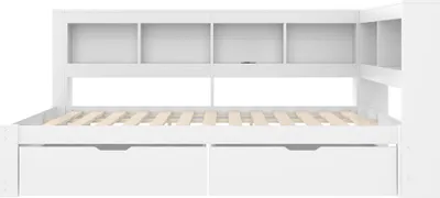 Produktbild von Merax Tagesbett Daybett 140x200 cm, Schlafsofa mit 2 Schubladen, Steckdose, 2 USB, Regale, Lattenrost, Kiefernholz, Doppelbett, Kinderbett, Weiß