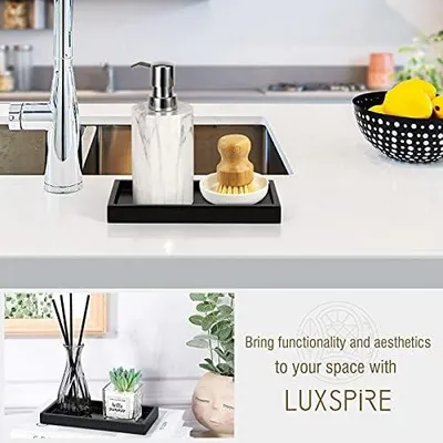 Produktbild von Luxspire Badezimmertablett, Harz Schminktisch Tablett Organizer Deko Rechteckige Bad Schmuckaufbewahrung Servierbrett Mini Schale für Gewebe, Kerzen, Handtuch, Kleine Kosmetisch Pflanze - Schwarz