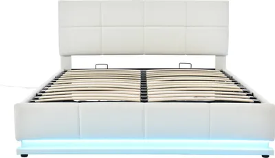 Produktbild von Flieks Polsterbett mit LED, hydraulisches Boxspringbett 160x200cm mit Lattenrost und Stauraum, Doppelbett Holzbett Jugendbett Kunstleder, Weiß
