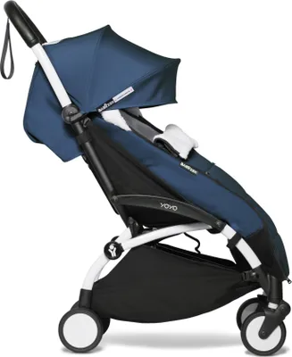 A side view of a navy blue BABYZEN YOYO stroller footmuff.