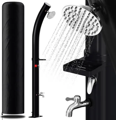 Immagine prodotto di Doccia solare Izrielar 20L con colonna curva e portasapone - incl. copertura e tappo di scarico (doccia da giardino, doccia da piscina, campeggio)
