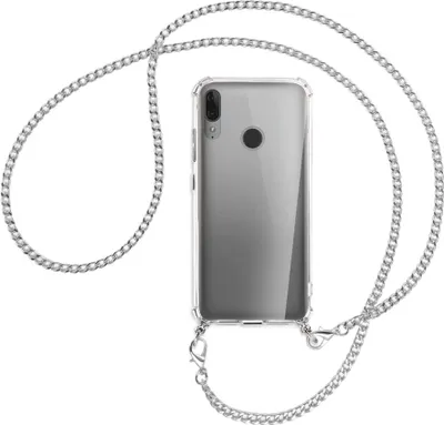 Produktbild von Handykette Backcover-Schutzhülle mit Band (Metall silberfarben) für Motorola Moto E6 Plus - silberfarbene Kette