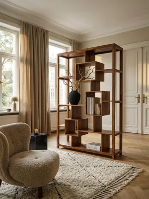 Produktbild von Bücherregal Massiv-Holz Sheesham 115 x 180 cm Wohnzimmer-Regal Ablagefächer Design Landhaus-Stil Standregal