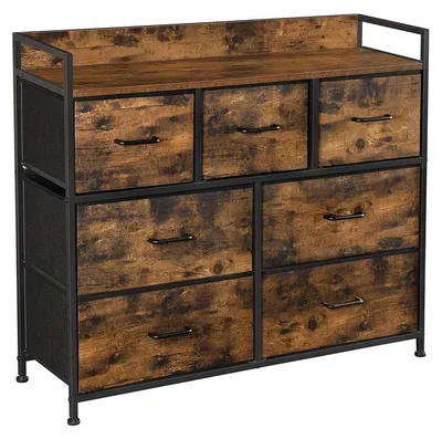 Image de Commode – 7 tiroirs en tissu – Style industriel – Marron et noir vintage – 98 x 28,5 x 85 cm