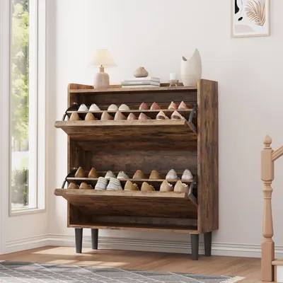 Produktbild von Schuhschrank 2 Klappen Holzgriff Schuhkommode Schmal Aufbewahrung 80x26x95 cm vintage