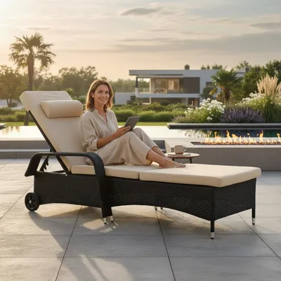 Produktbild von Sonnenliege schwarz Polyrattan Gartenlounge Liegestuhl Relax Terrasse Sitzgruppe