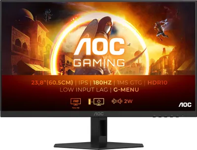 Produktbild von AOC 24G4XE, 23,8" IPS WLED monitor, 1920x1080 při 180 Hz, 1 ms GtG, 0,5 ms MPRT, 300 cd m/2, 1000:1, 80M:1 DCR, Adaptive Sync, FlickerFree, Low Blue Mode, 2Wx2, Tilt, 2xHDMI