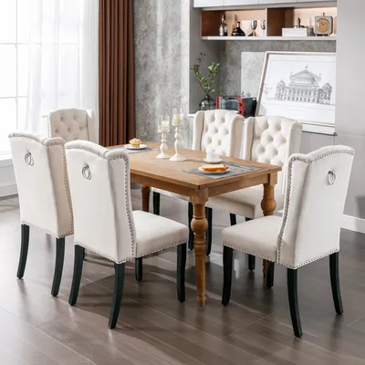 Obrázek produktu pro okwish Jídelní židle polstrovaná 6 kusů s masivními dřevěnými nohami, kuchyňská židle s sametovým potahem, židle do obývacího pokoje a ložnice, sametová, béžová
