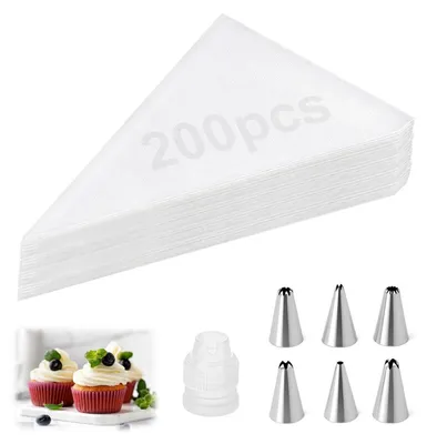 Immagine prodotto di Sacchetti per decorazioni a spruzzo, confezione da 200 pezzi, con 6 bocchette, trasparenti, resistenti allo strappo, dimensioni 33x22 cm