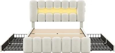 Produktbild von okwish 140 x 200 Polsterbett, Polsterbett mit 4 Schubladen, Polsterbett mit USB und Stereo-LED-Lichtleiste, Beige