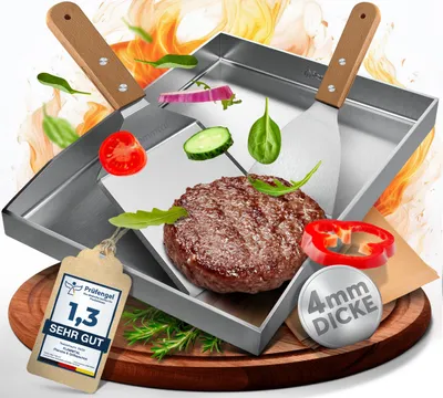 Produktbild von flammtal [Das Original] - Grillplatte aus 4mm rostfreiem Edelstahl [40x30cm] - Plancha Grillplatte mit Grillspachtel Set & Burgerpapier (geschlossen)