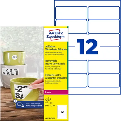 Produktbild von Avery Zweckform L4776REV-20, Wetterfeste Etiketten, ablösbar, A4, 99,1 x 42,3 mm, 240 Etiketten / 20 Bögen, weiß