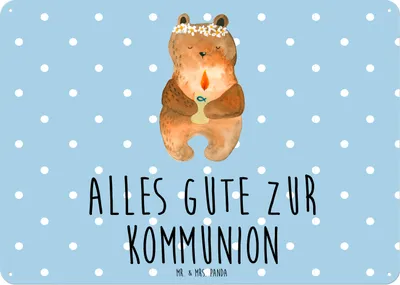 Produktbild von Mr. & Mrs. Panda Wandbild Bär Kommunion DIN A6 - Blau Pastell - Geschenk, Katholisch, Teddy, Schild, tafel, Blechschild, Deko Metallschild, Gottes Segen, Taufkerze