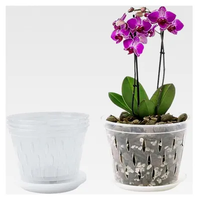Produktbild von Transparente Kunststoff-Orchideentöpfe, 4 Stück, 17 cm, mit Drainagelöchern und Untertassen, atmungsaktiver Blumentopf, für die Heimdekoration