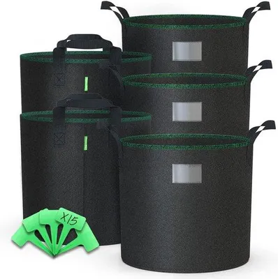 Produktbild von Famanu Pflanzensack 5 Stück 65L aus Vliesstoff - Schwarze Pflanzensäcke mit Pflanzenlabel - Atmungsaktiv und Wiederverwendbar