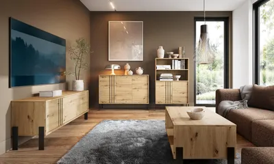 Produktbild von Wohnzimmermöbel Set NORDIC, 4-teiliges Möbelset mit TV-Schrank, Kommode, Regal und Couchtisch, Modernes Wohnzimmer Set, Eiche Artisan