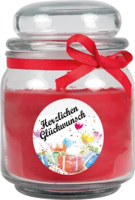 Zdjęcie produktu dla Świeczka zapachowa w słoiku "Happy Birthday", zapach: Rose (czerwony), 300g - pali się do 70 godzin