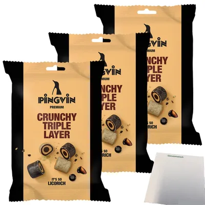Produktbild von Toms Pingvin Lakritz Crunchy Triple Layer 3er Pack (3x90g Packung) + usy Block