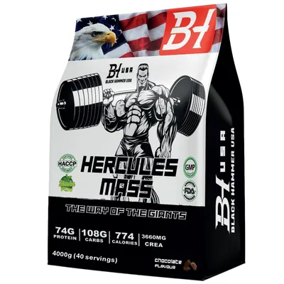 Produktbild von HERCULES Mass Gainer 4kg Schokolade – Gainer mit Creatin & Taurin für Muskelaufbau & Kraft | Black Hammer USA