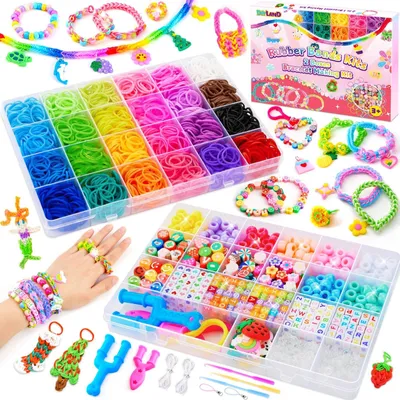 Produktbild von Gummibänder Bastelset Armbänder Freundschaftsbänder - 2000 Stück - 24 Farben - Perlen - Geschenkbox