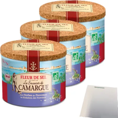 Produktbild von La Saunier de Camargue Fleur de Sel Kräuter der Provence  3er Pack (3x125g Dose) + usy Block