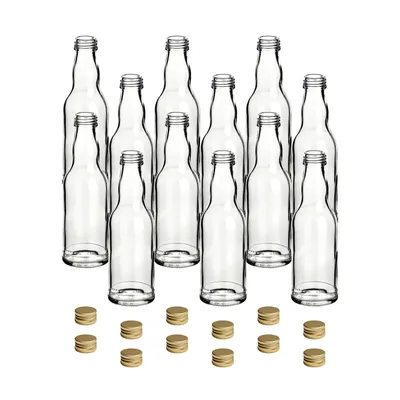 Produktbild von gouveo 12er Set Glasflaschen 200 ml Kropfhals mit Deckel goldfarben - Kleine Flasche zum Befüllen - Leere Schraubflasche für Likör, Saft, Smoothie
