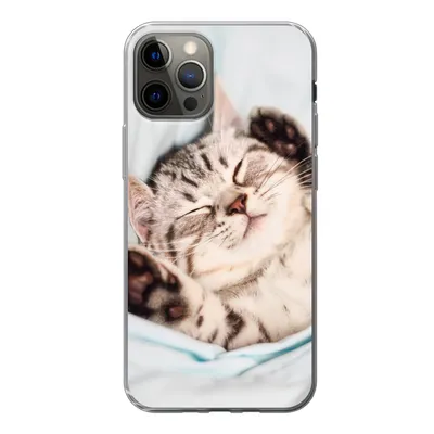 Produktbild von MuchoWow® Handyhülle Schutzhülle Hülle für iPhone 12 Pro Kätzchen - Lustig - Bett - Kinder - Jungen - Mädchen - Kinder Silikon Softcase Handy Hülle - Abdeckung